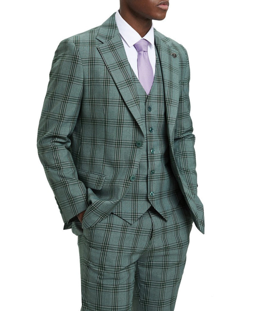 Hybrid Fit Plaid 3 Piece Green Suit by Stacy Adams