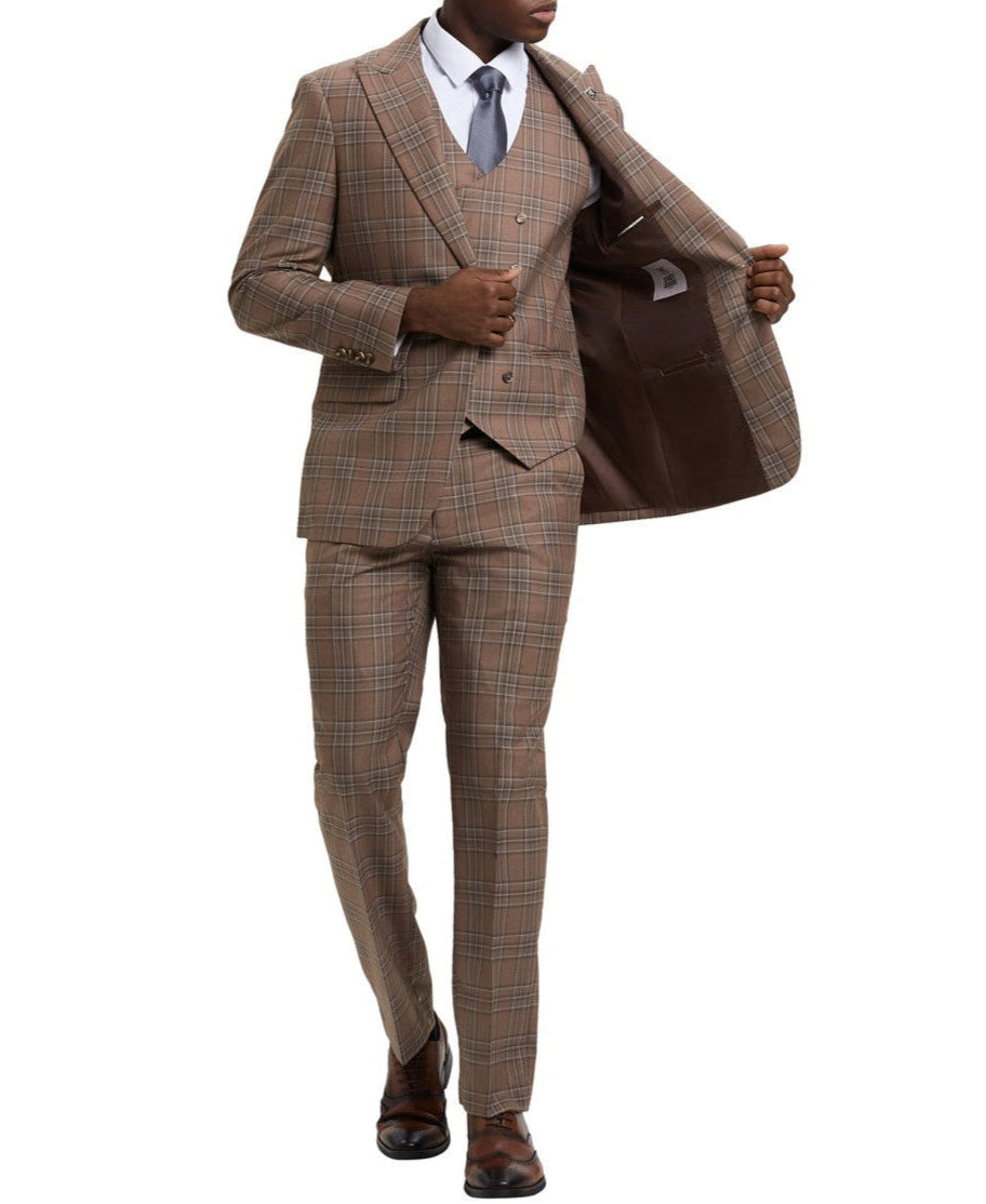 Stacy Adams Brown Plaid Peak Lapel 3 Piece Suit