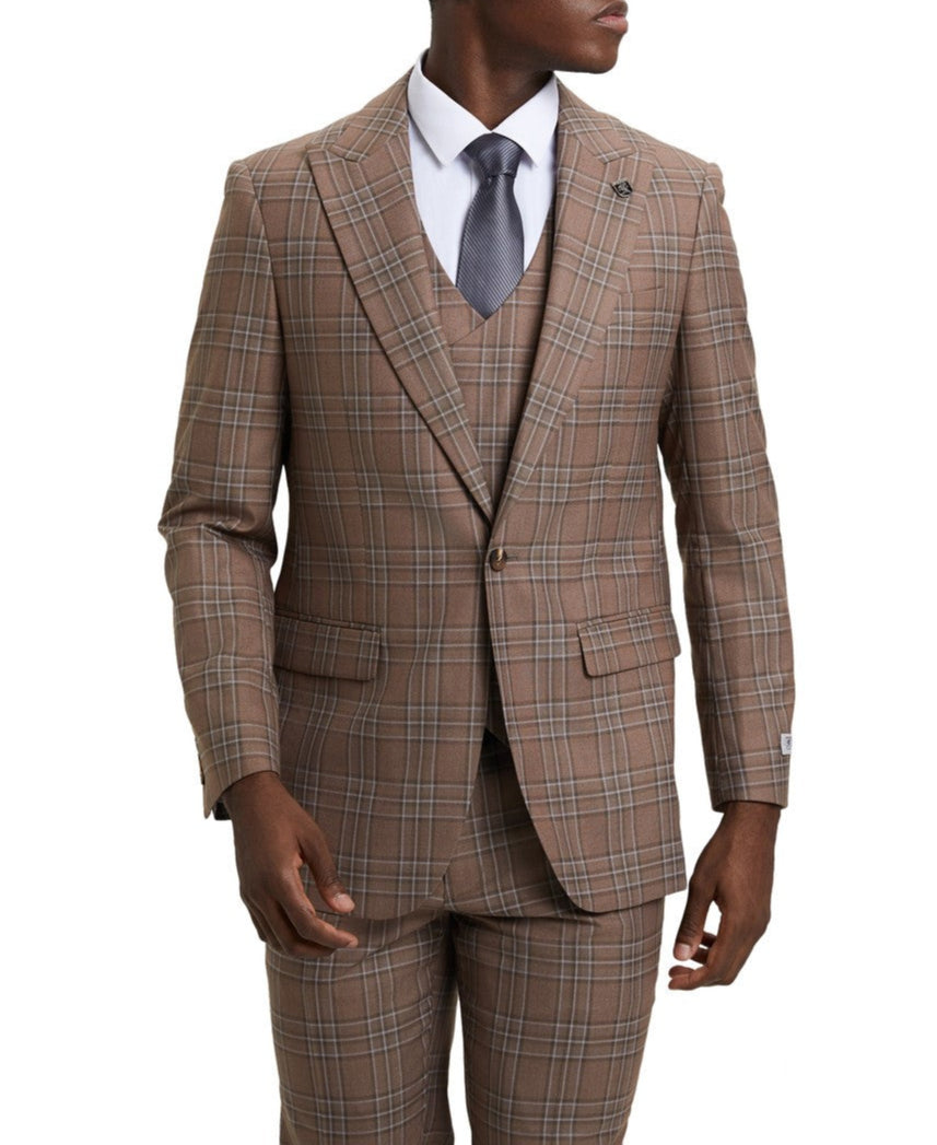 Stacy Adams Brown Plaid Peak Lapel 3 Piece Suit