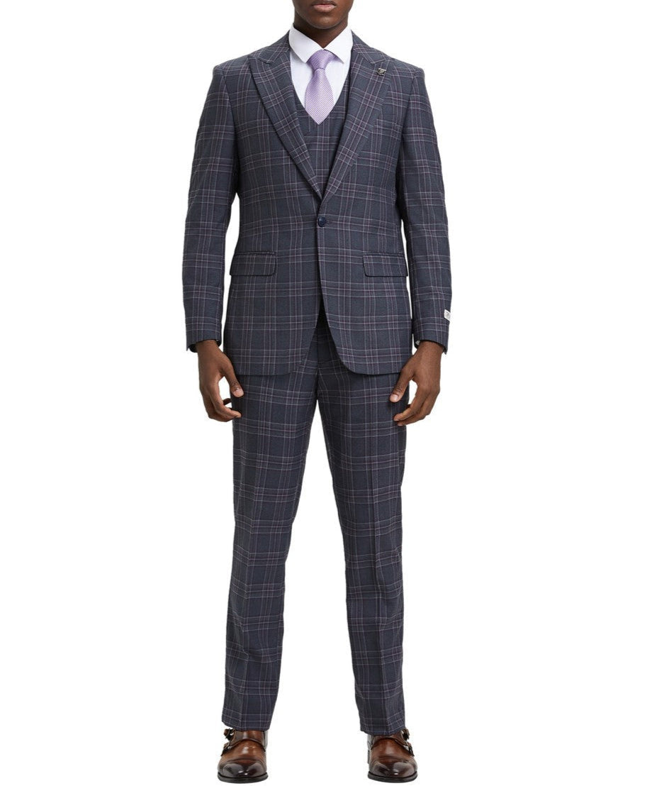 Stacy Adams Grey Plaid Peak Lapel Suit 3 Piece