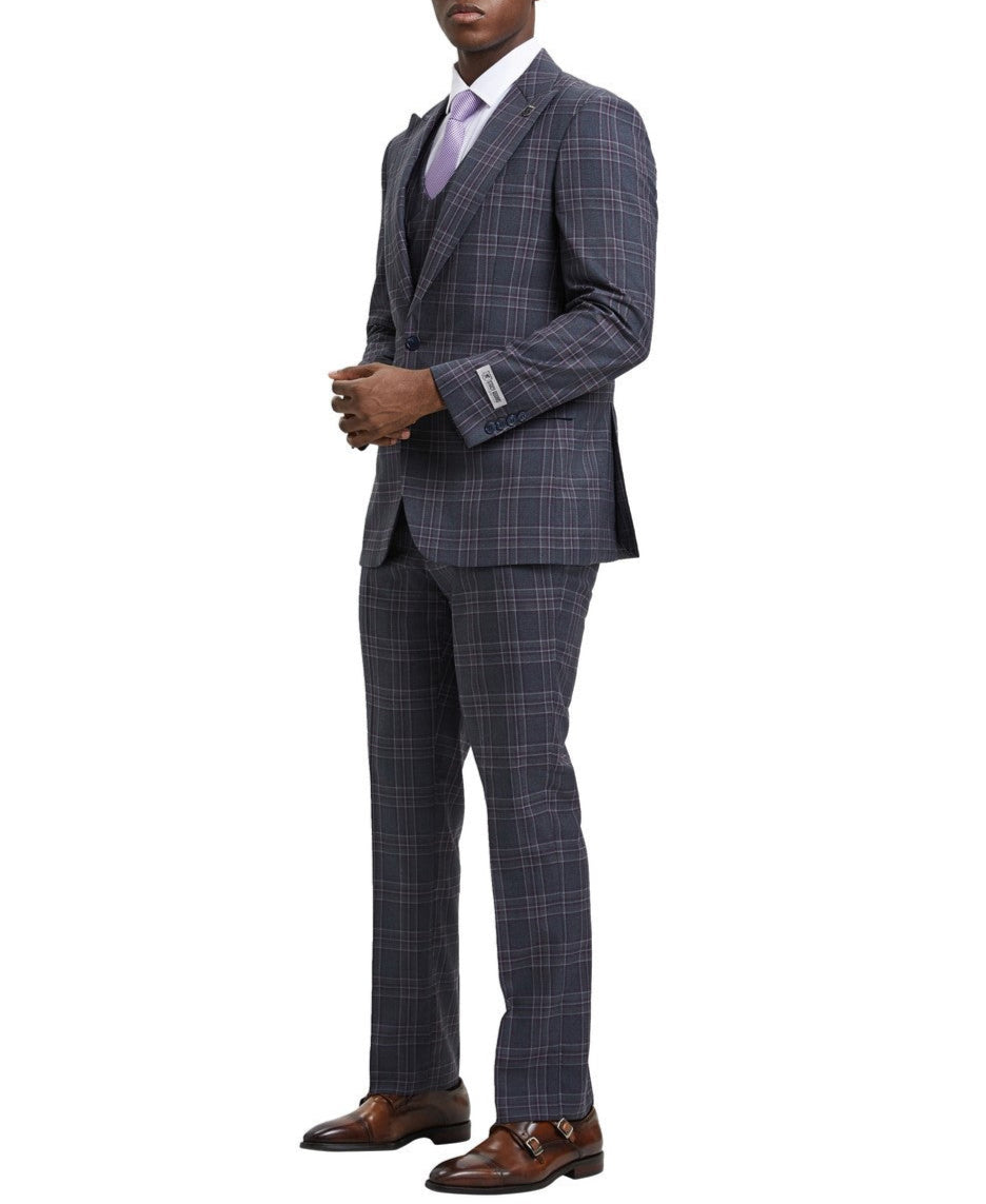 Stacy Adams Grey Plaid Peak Lapel Suit 3 Piece
