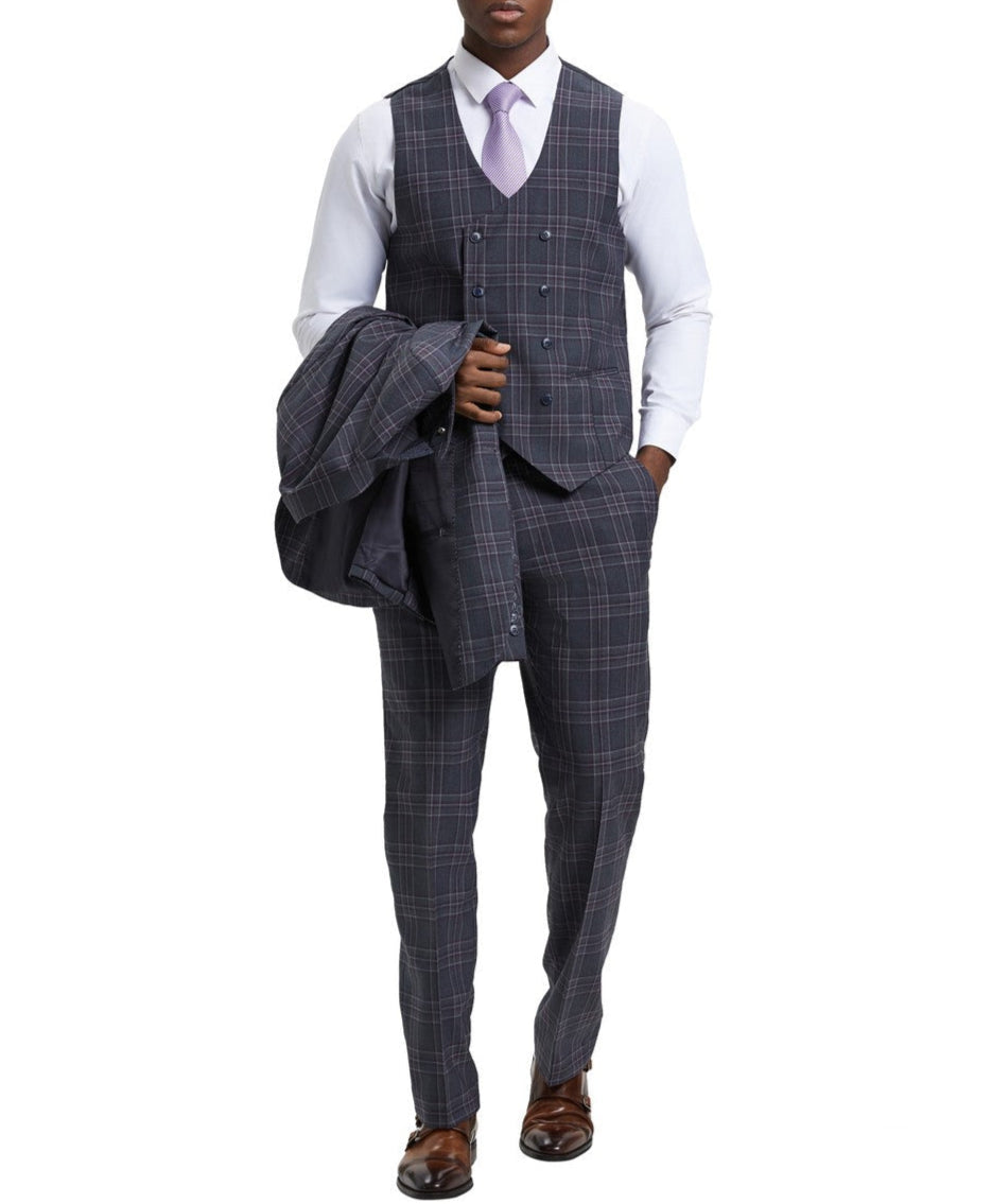 Stacy Adams Grey Plaid Peak Lapel Suit 3 Piece