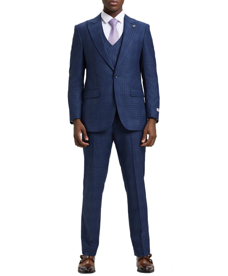 Blue Plaid Peak Lapel 3 Piece Suit by Stacy Adams