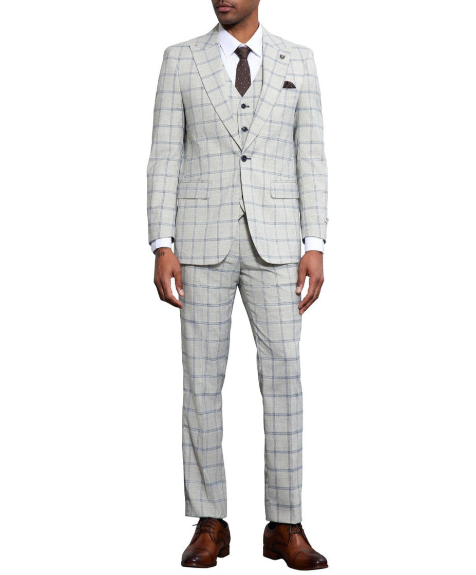 Stacy Adams 3 Piece Light Grey Windowpane Suit