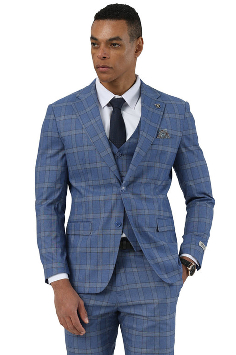 Stacy Adams Glen Plaid Blue Suit with Vest