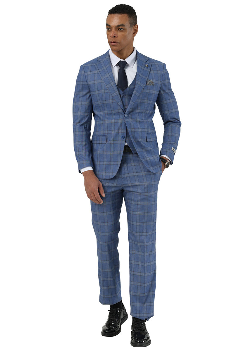 Stacy Adams Glen Plaid Blue Suit with Vest