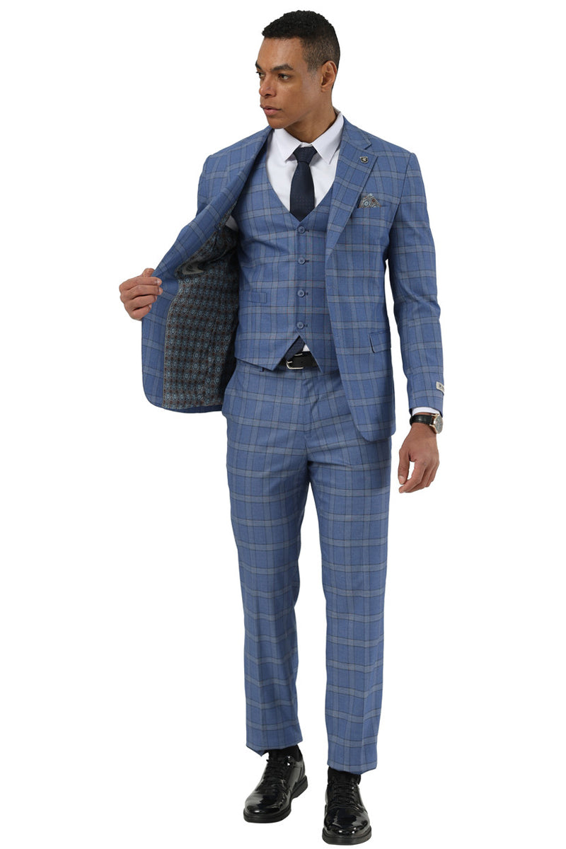 Stacy Adams Glen Plaid Blue Suit with Vest