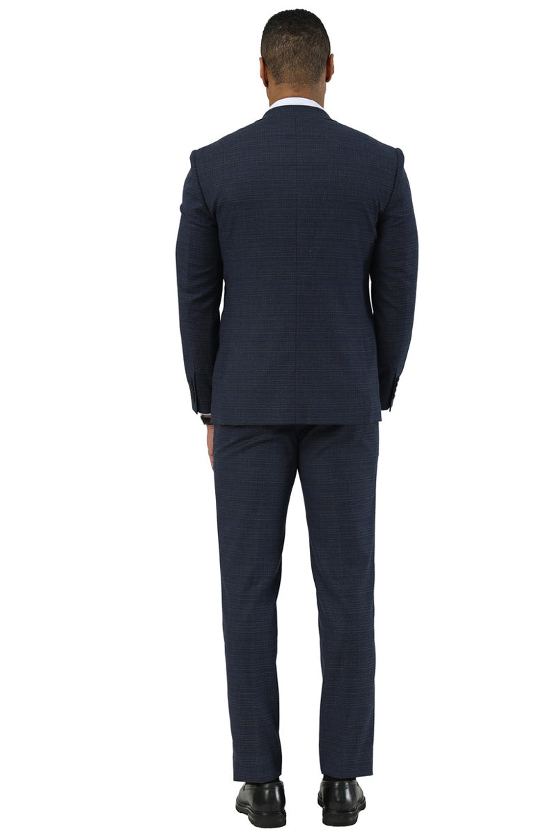 Men's Stacy Adams Two Button Peak Lapel Suit with Scoop Vest in Navy Glen Plaid