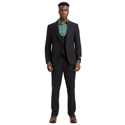 Men's Stacy Adams Hybrid-Fit 3pc Suit Set, Jacket Vest and Pants - Black