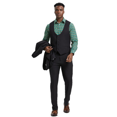 Men's Stacy Adams Hybrid-Fit 3pc Suit Set, Jacket Vest and Pants - Black