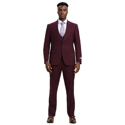 Men's Stacy Adams Hybrid-Fit 3pc Suit Set, Jacket Vest and Pants - Burgundy