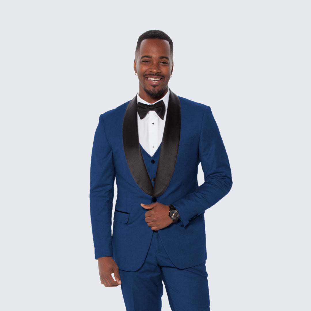 Indigo Slim Fit Tuxedo with Large Black Shawl Lapel – 3 Piece Wedding & Prom Set