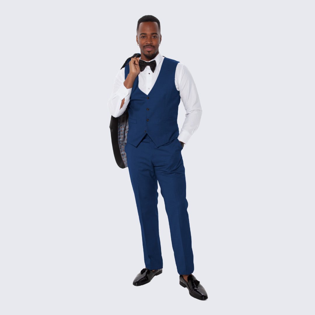 Indigo Slim Fit Tuxedo with Large Black Shawl Lapel – 3 Piece Wedding & Prom Set
