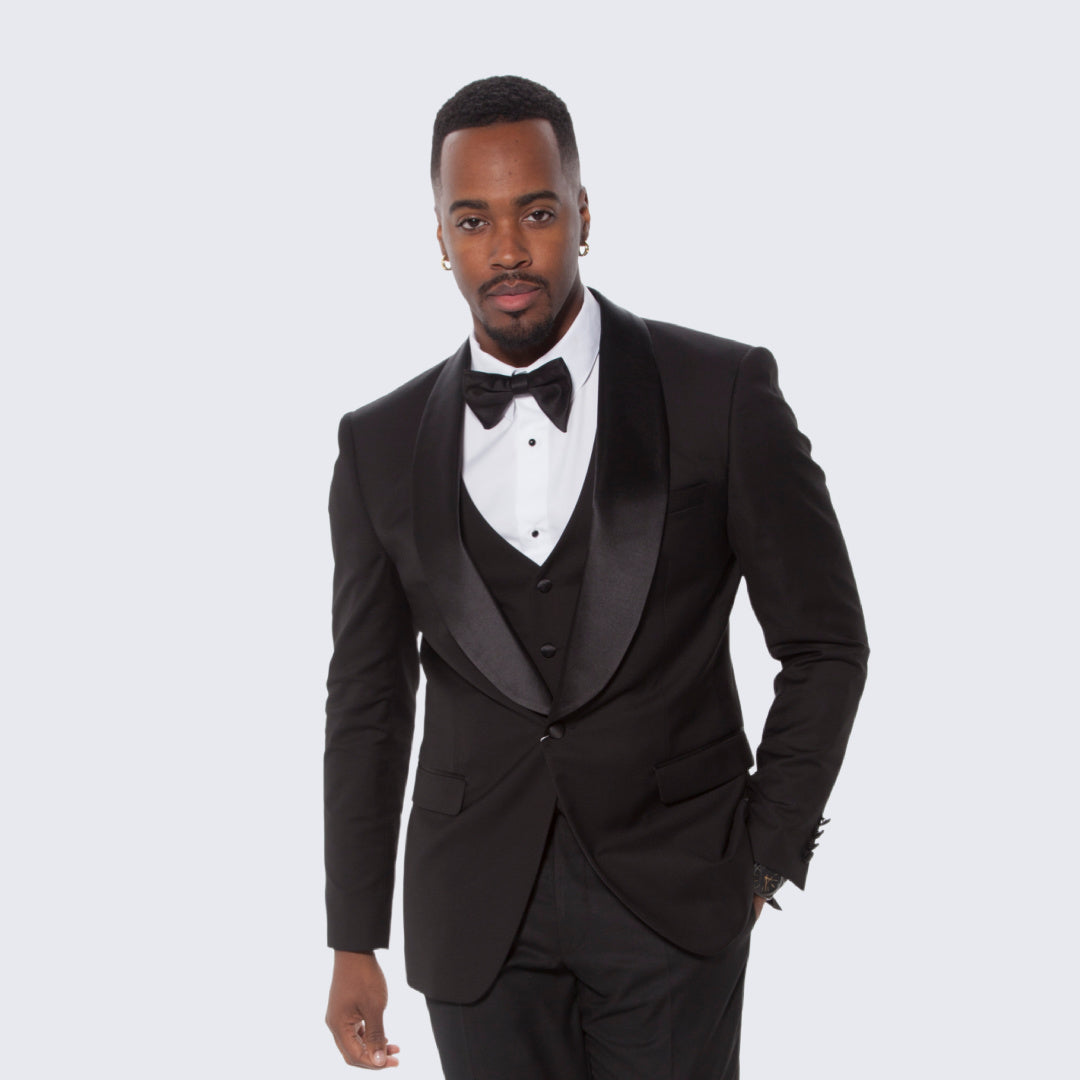Black Slim Fit Tuxedo with Large Shawl Lapel – 3 Piece Wedding & Prom Set