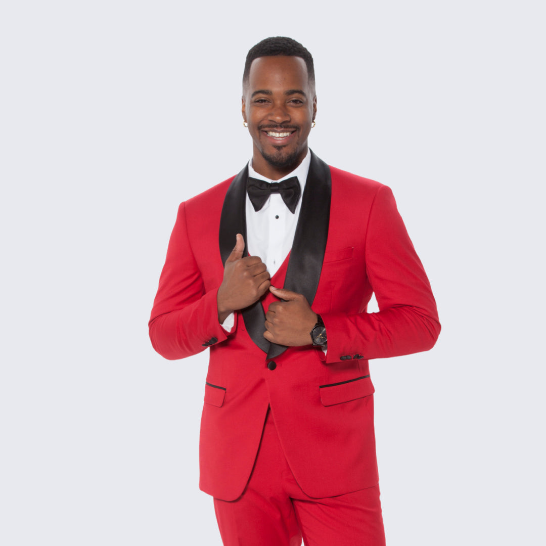 Red Slim Fit Tuxedo with Large Black Shawl Lapel – 3 Piece Wedding & Prom Set