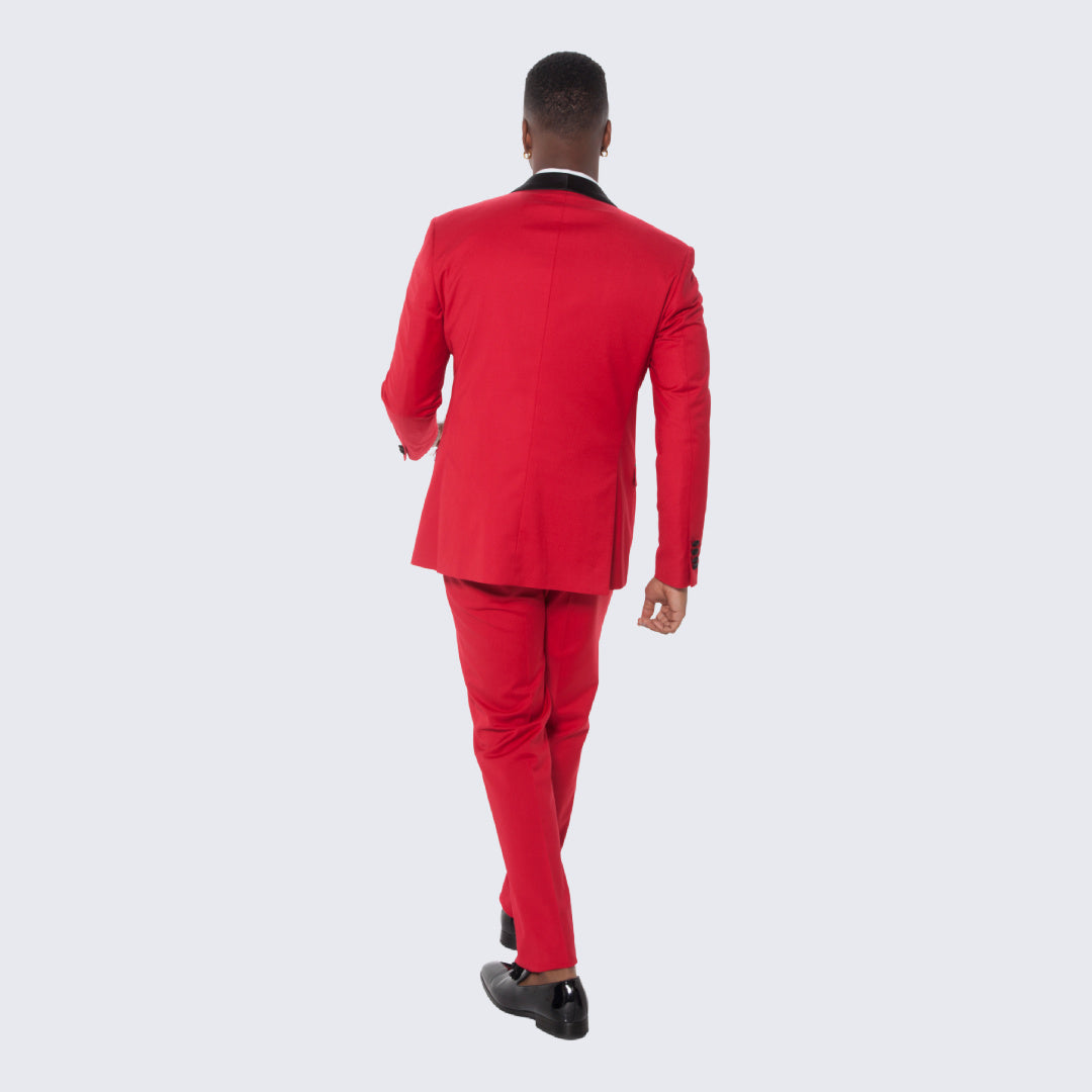 Red Slim Fit Tuxedo with Large Black Shawl Lapel – 3 Piece Wedding & Prom Set