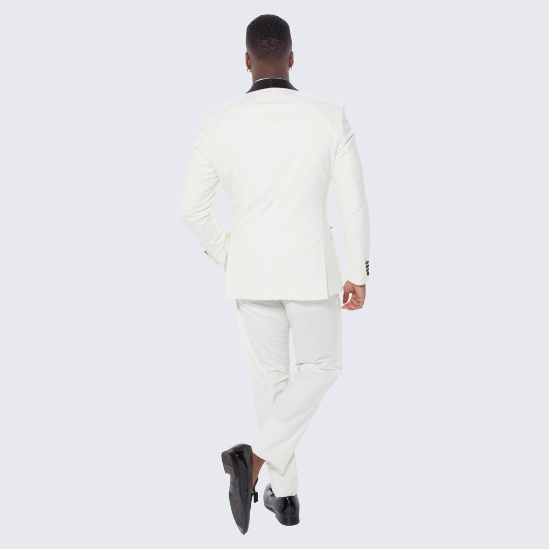 Ivory Slim Fit Tuxedo with Black Shawl Lapel – 3 Piece Wedding & Prom Set