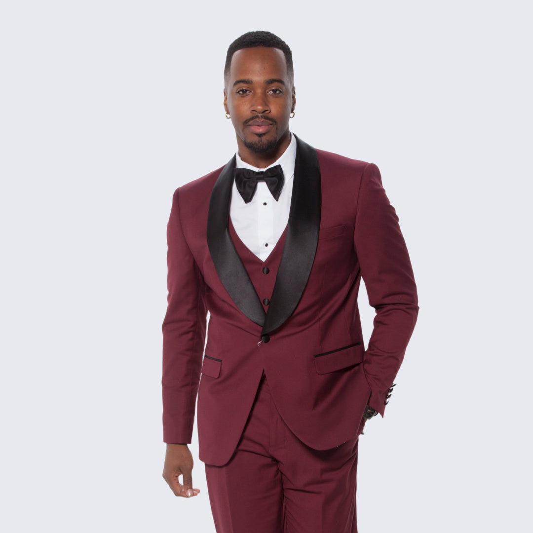 Burgundy Slim Fit Tuxedo with Large Black Shawl Lapel – 3 Piece Wedding & Prom Set
