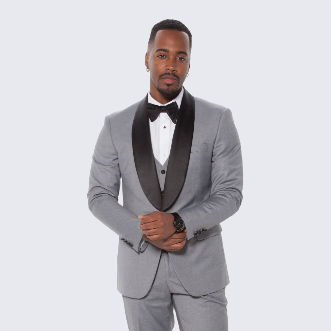Grey Slim Fit Tuxedo with Large Black Shawl Lapel – 3 Piece Wedding & Prom Set