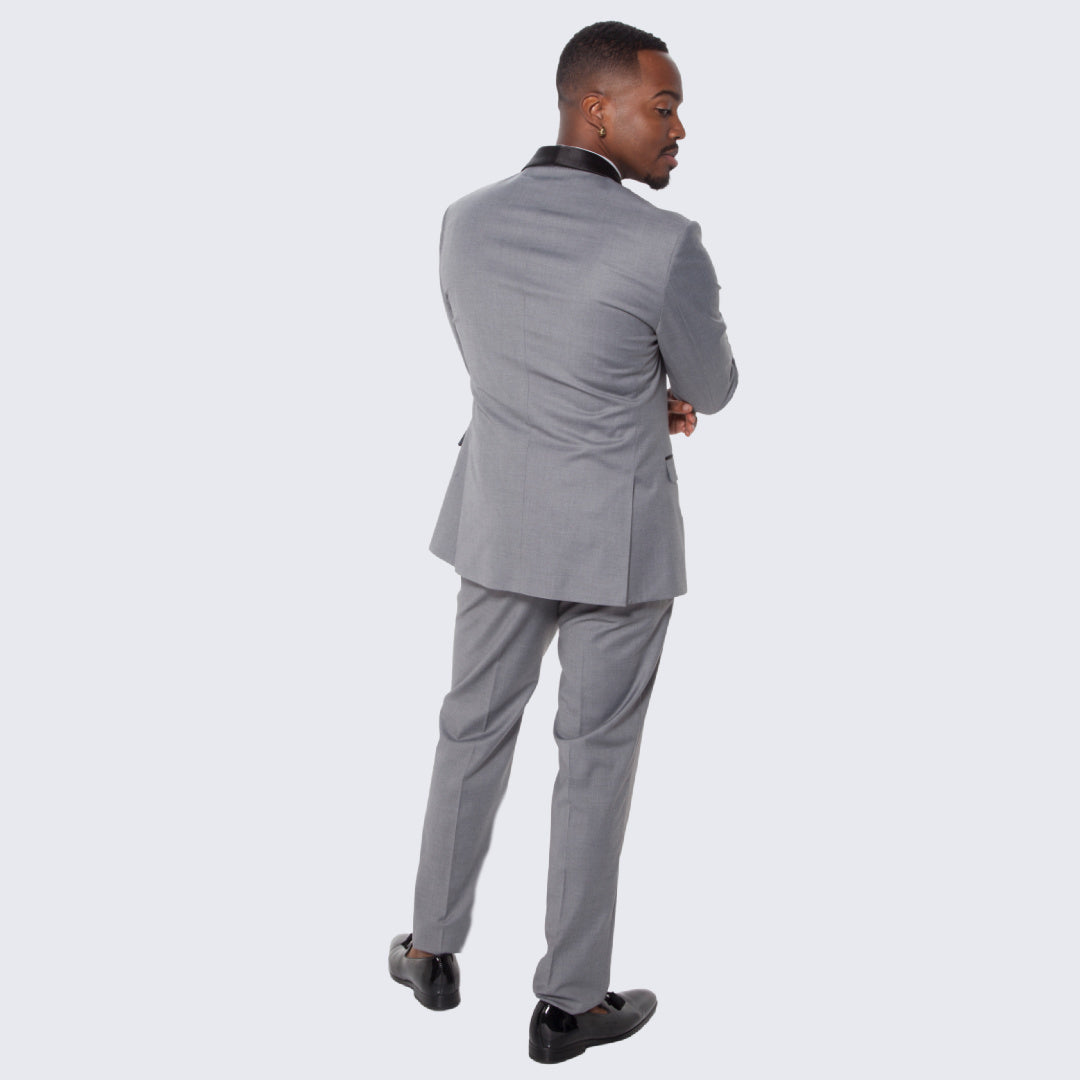 Grey Slim Fit Tuxedo with Large Black Shawl Lapel – 3 Piece Wedding & Prom Set