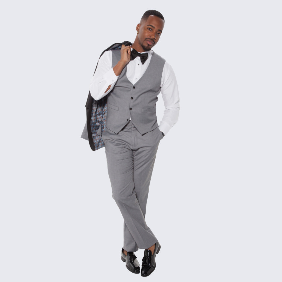 Grey Slim Fit Tuxedo with Large Black Shawl Lapel – 3 Piece Wedding & Prom Set