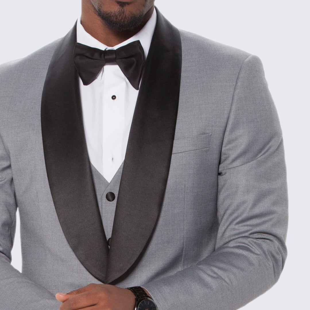 Grey Slim Fit Tuxedo with Large Black Shawl Lapel – 3 Piece Wedding & Prom Set