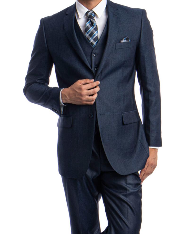 Navy Blue 3 Piece Modern Fit Suit with V-Neck Vest