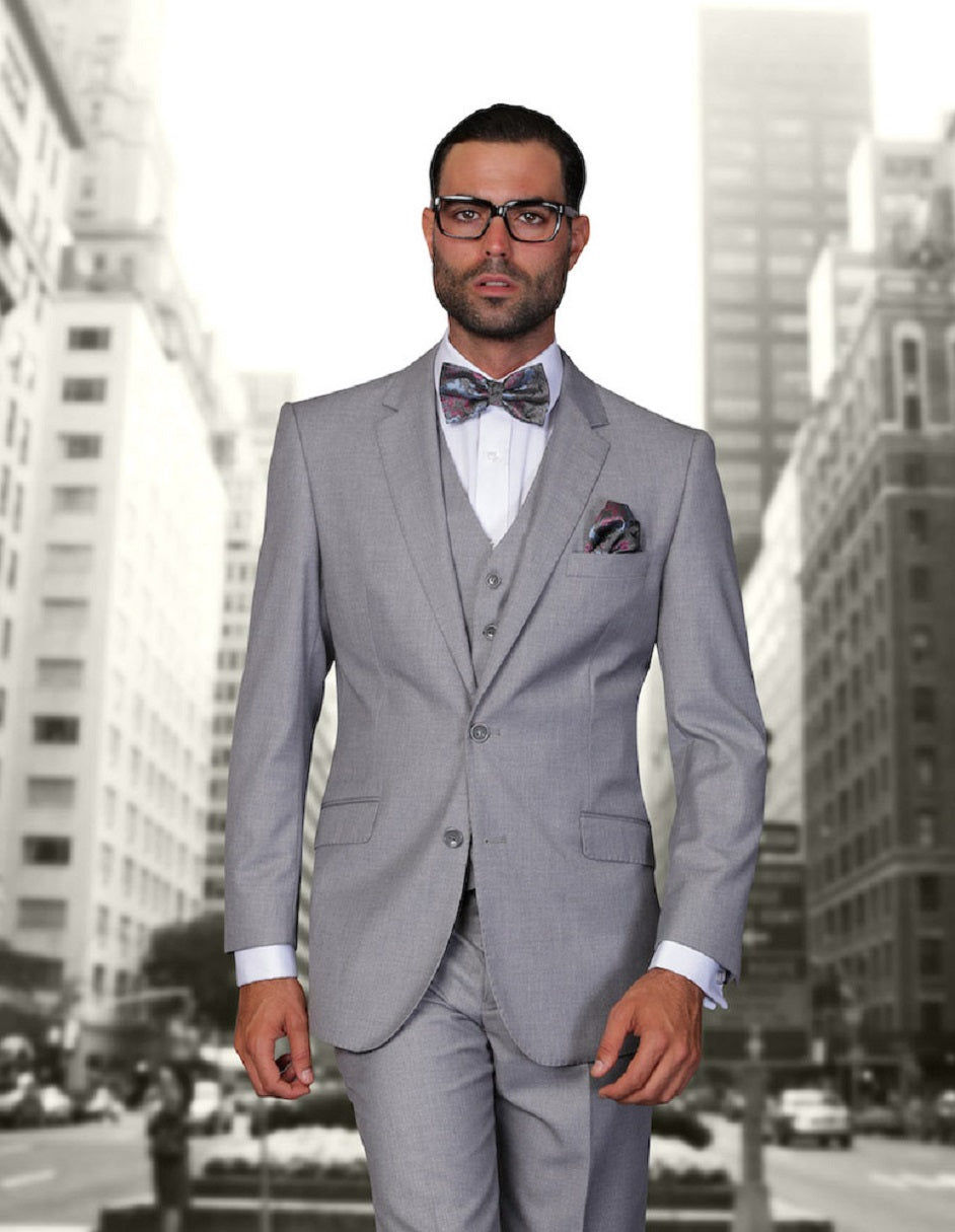 Modern Fit Grey Wool Vested Suit - Statement