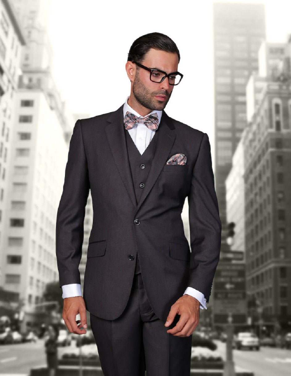 Modern Fit 2 Button Vested Wool Suit - Charcoal