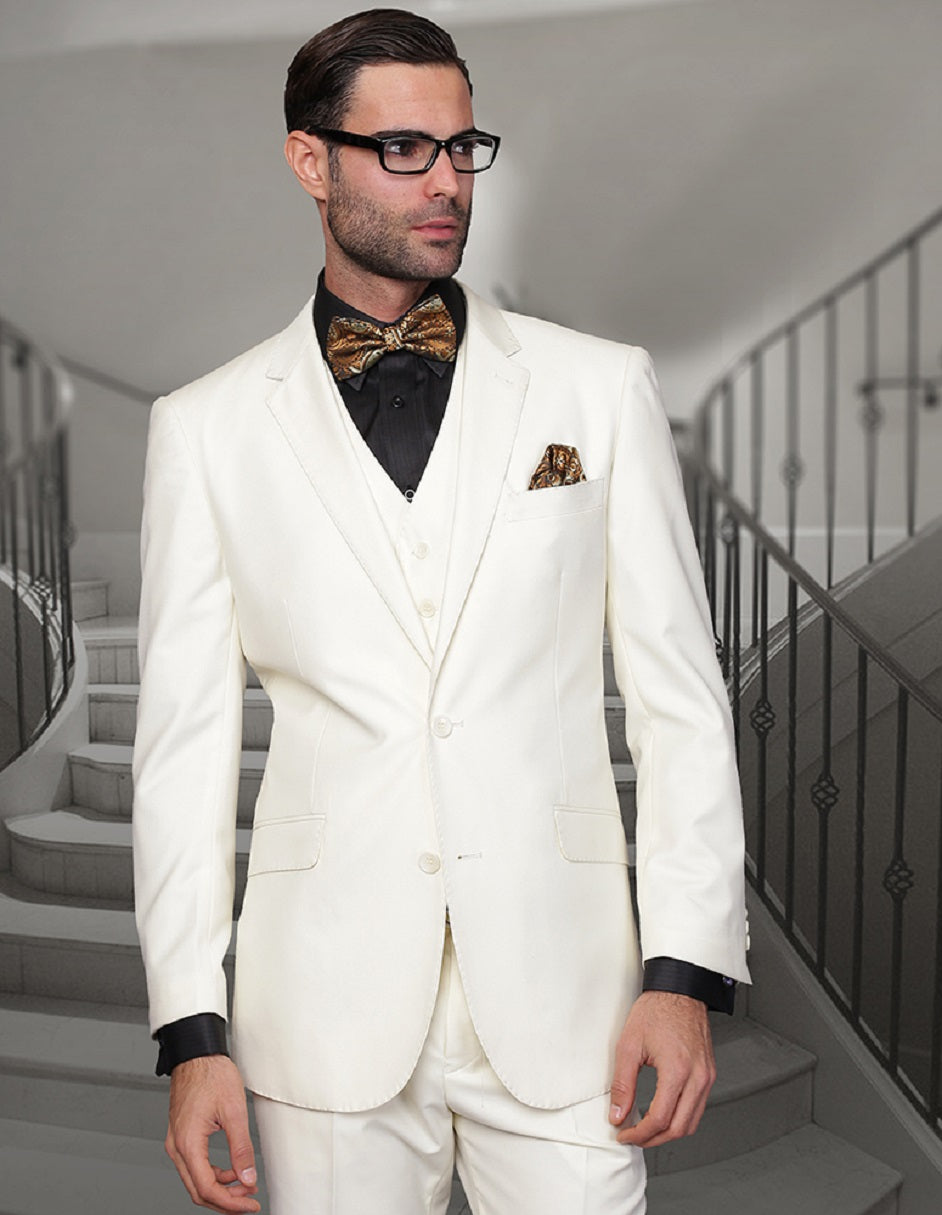 Modern Ivory Wool Suit with Vest - 2 Button