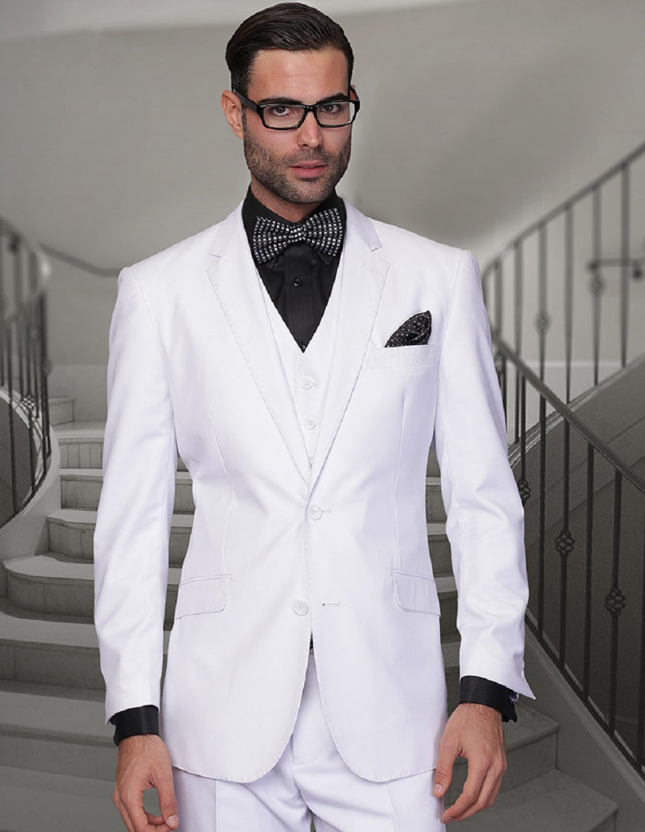 Modern Fit White Wool Vested Suit - Statement