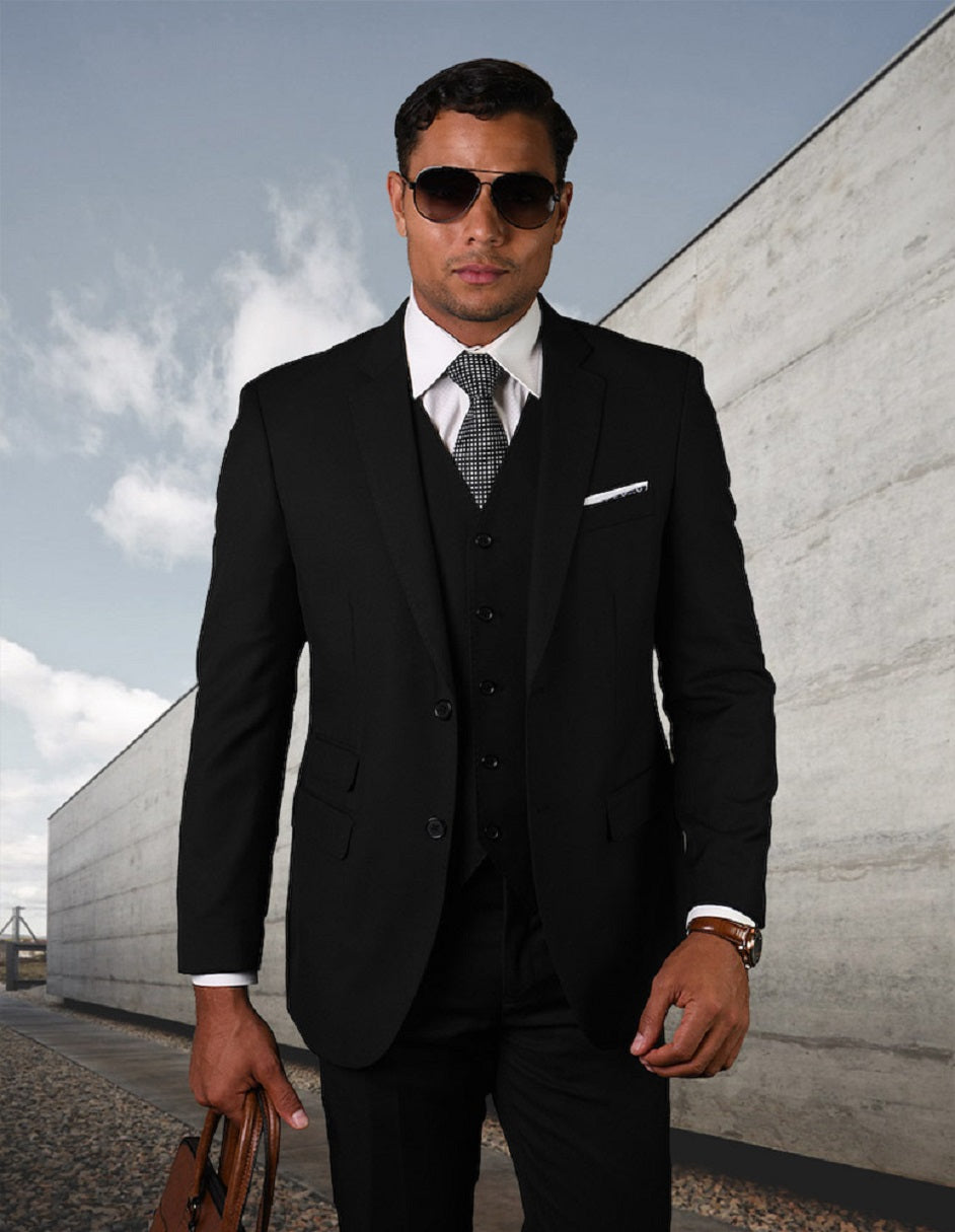Modern Fit 2 Button Vested Black Suit