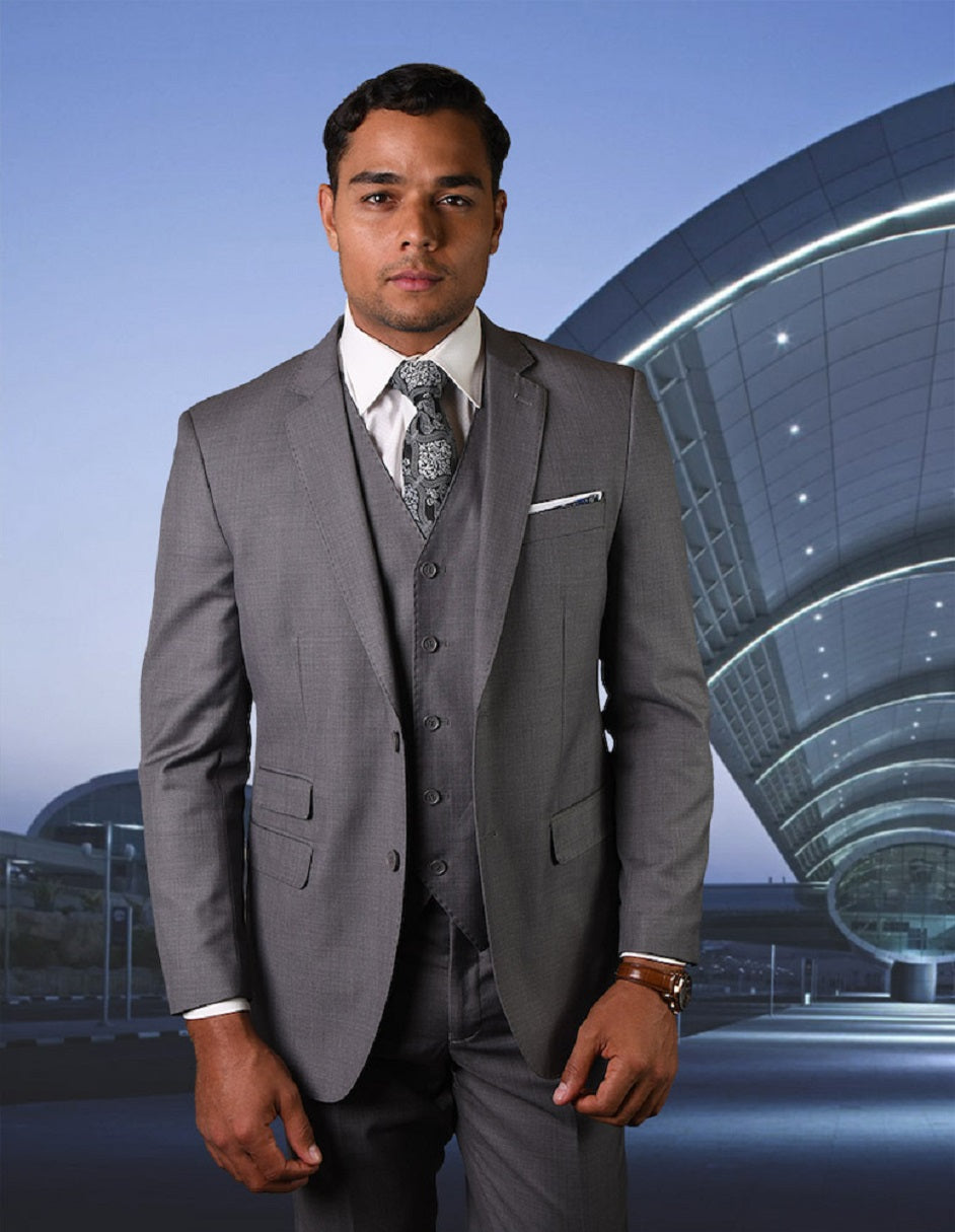 Heather Grey Modern Fit Vested Suit, 2-Button