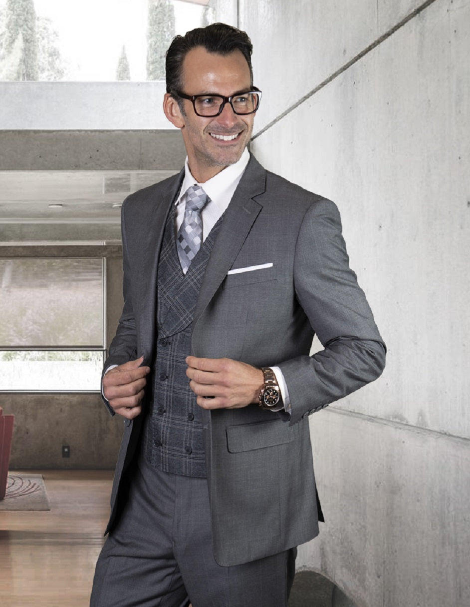 2 Button Notch Lapel Wool Suit with Shawl Vest - Grey