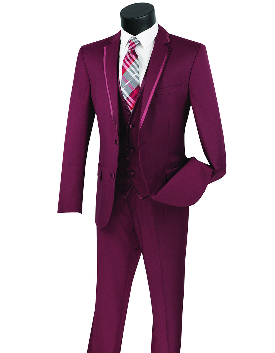 Burgundy Slim Fit 3 Piece Tuxedo with Satin Trim