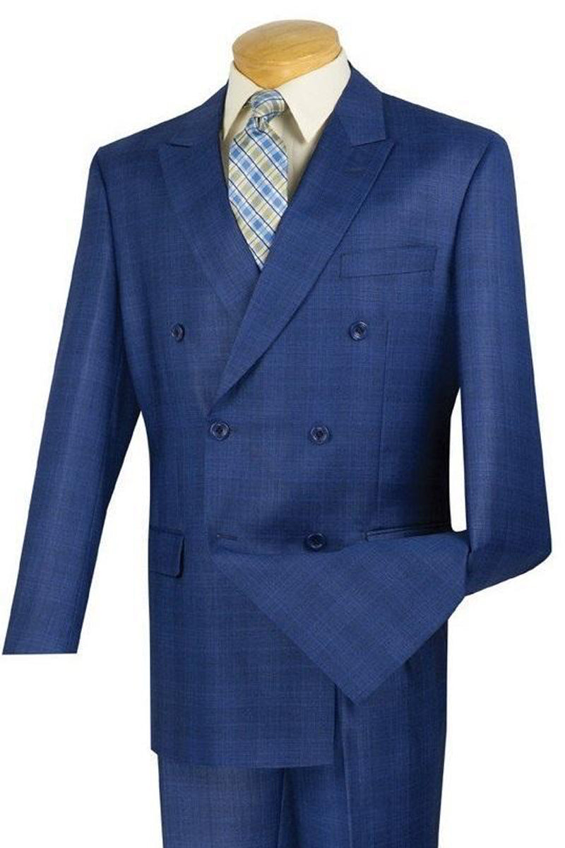 Double Breasted Glen Plaid Suit - Blue