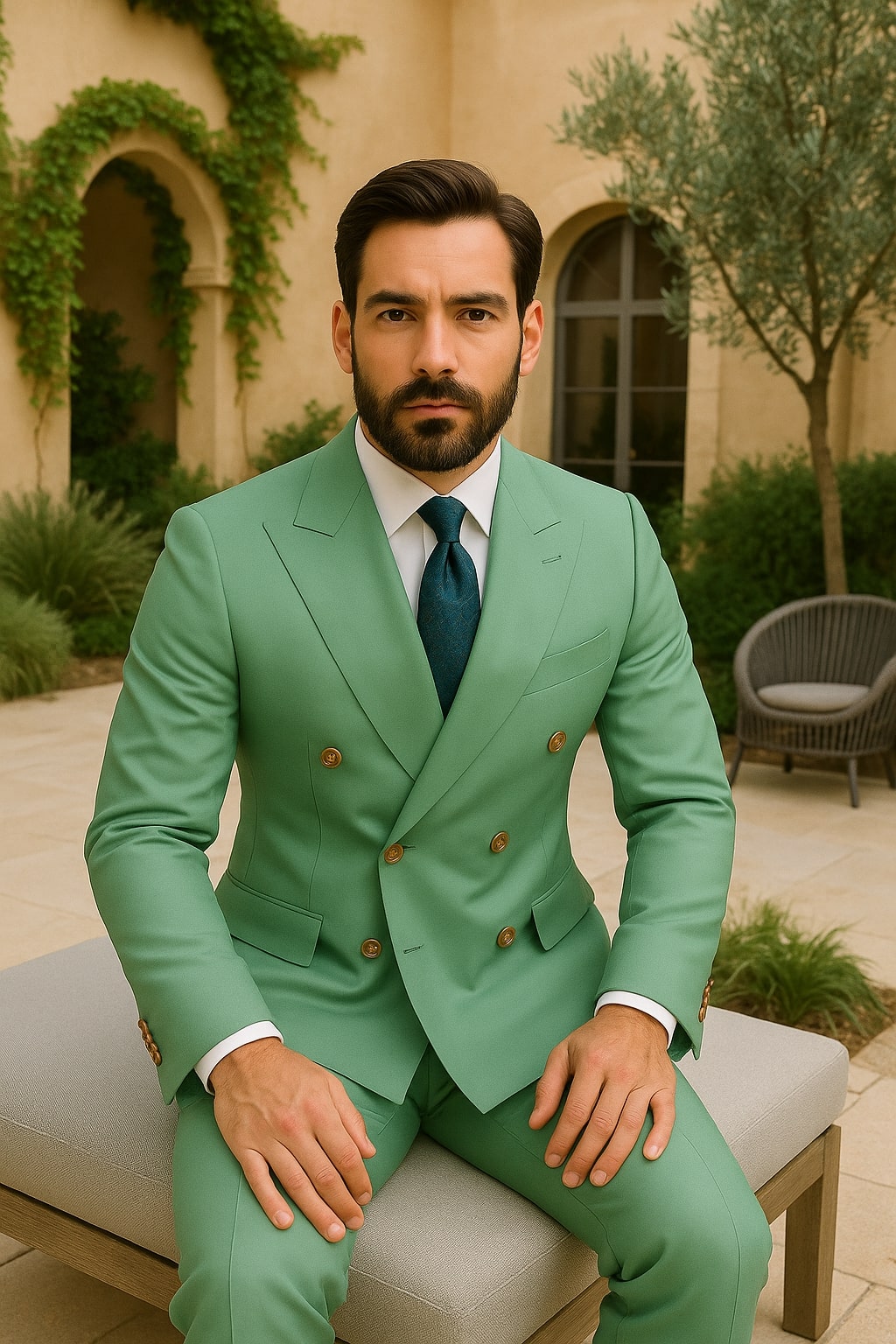 Sage Green Double-Breasted Slim Suit with Gold Buttons