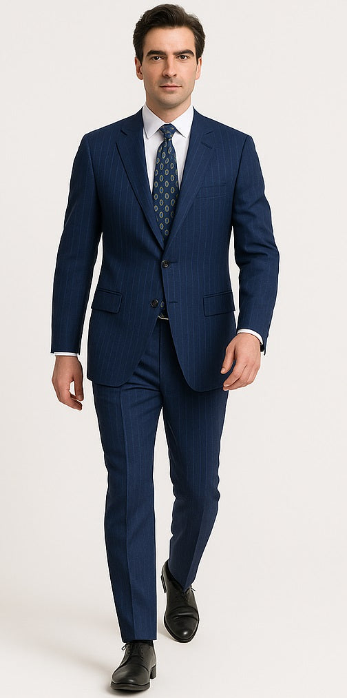 M120-04 Sapphire Blue Bright Blue Indigo Teal Cobalt Pinstripe ~Stripe 2 Buttons Flat Front Pants
