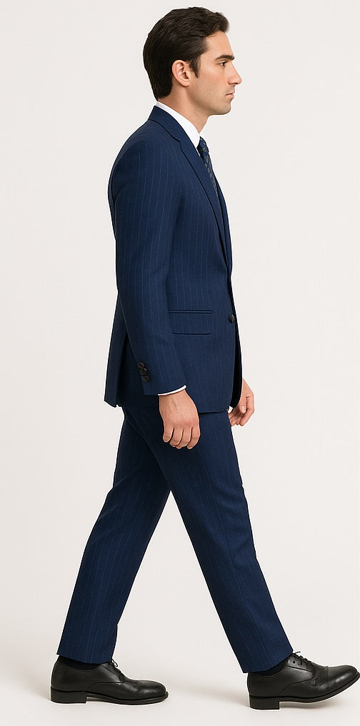 M120-04 Sapphire Blue Bright Blue Indigo Teal Cobalt Pinstripe ~Stripe 2 Buttons Flat Front Pants