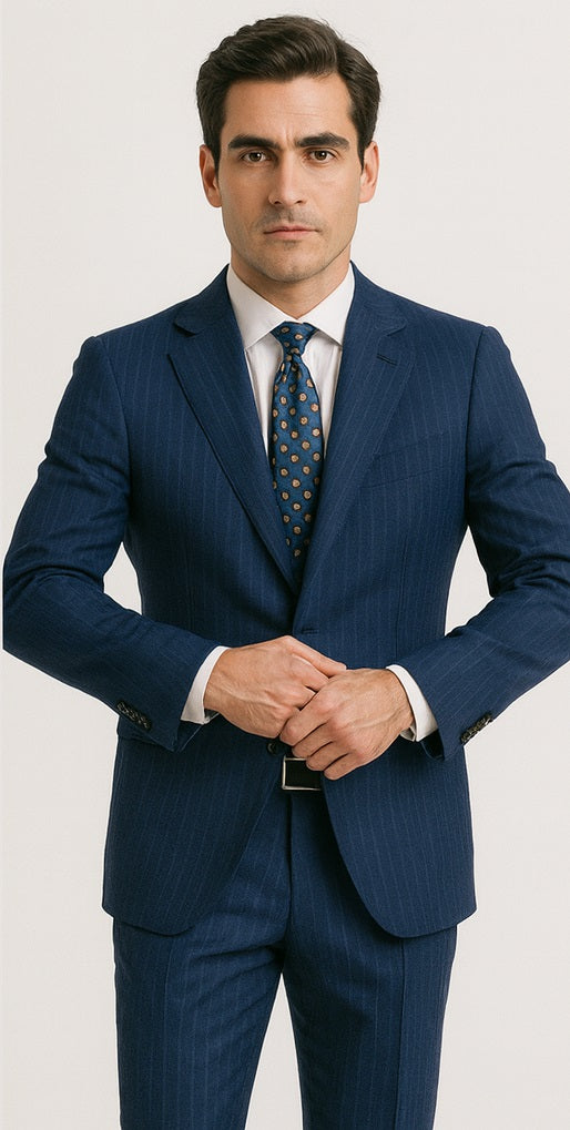 M120-04 Sapphire Blue Bright Blue Indigo Teal Cobalt Pinstripe ~Stripe 2 Buttons Flat Front Pants