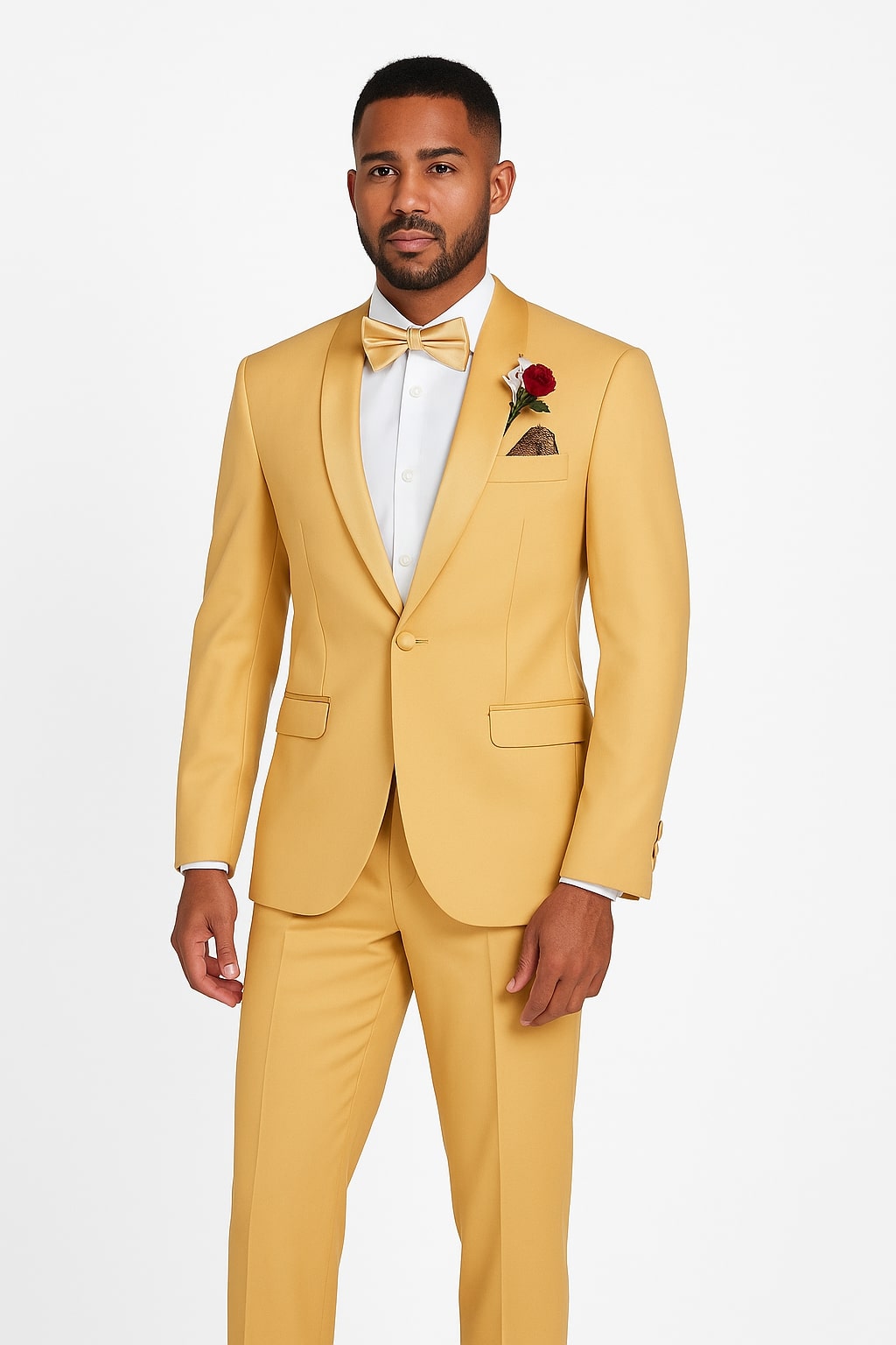 Light Gold Tuxedo Suit - Satin Shawl Lapel, Mustard