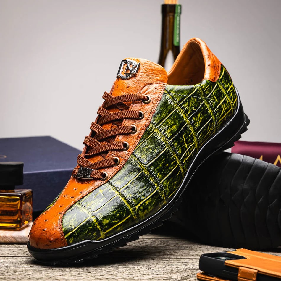 Saulo Green & Cognac Exotic Leather Men's Sneakers