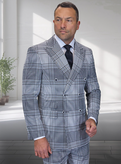 Grey Glen Plaid Double-Breasted Suit for Men
