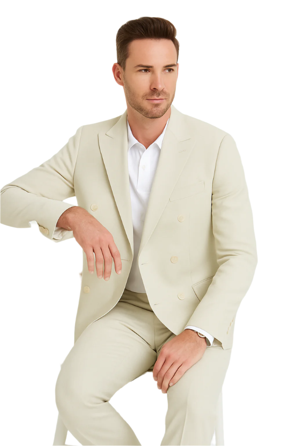 Ivory Double Breasted Linen Suit - Cream Color Summer Suit