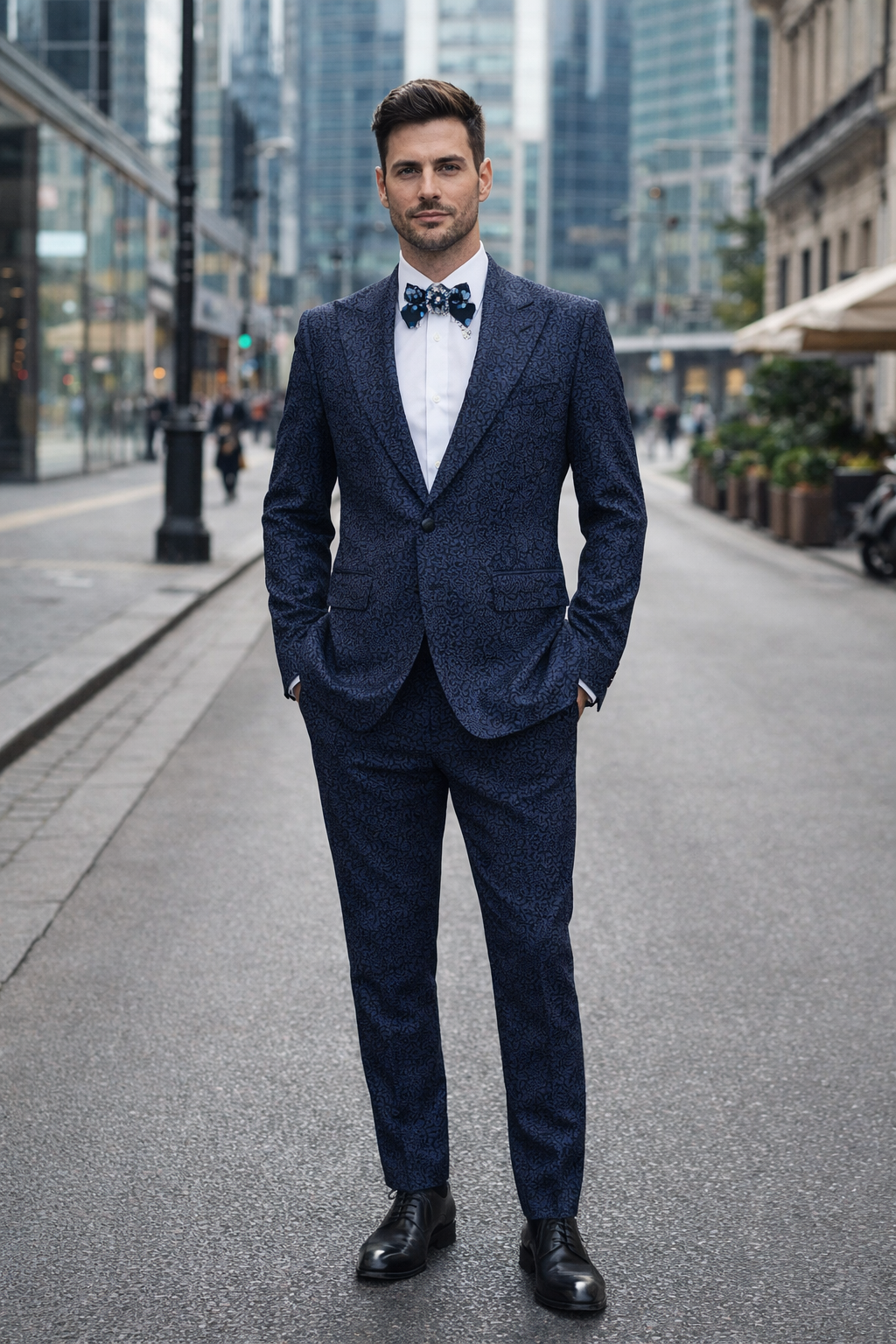 Rossiman Men’s Navy Blue Seersucker Suit – Peak Lapel Suit with Tone-on-Tone Shadow Stripe