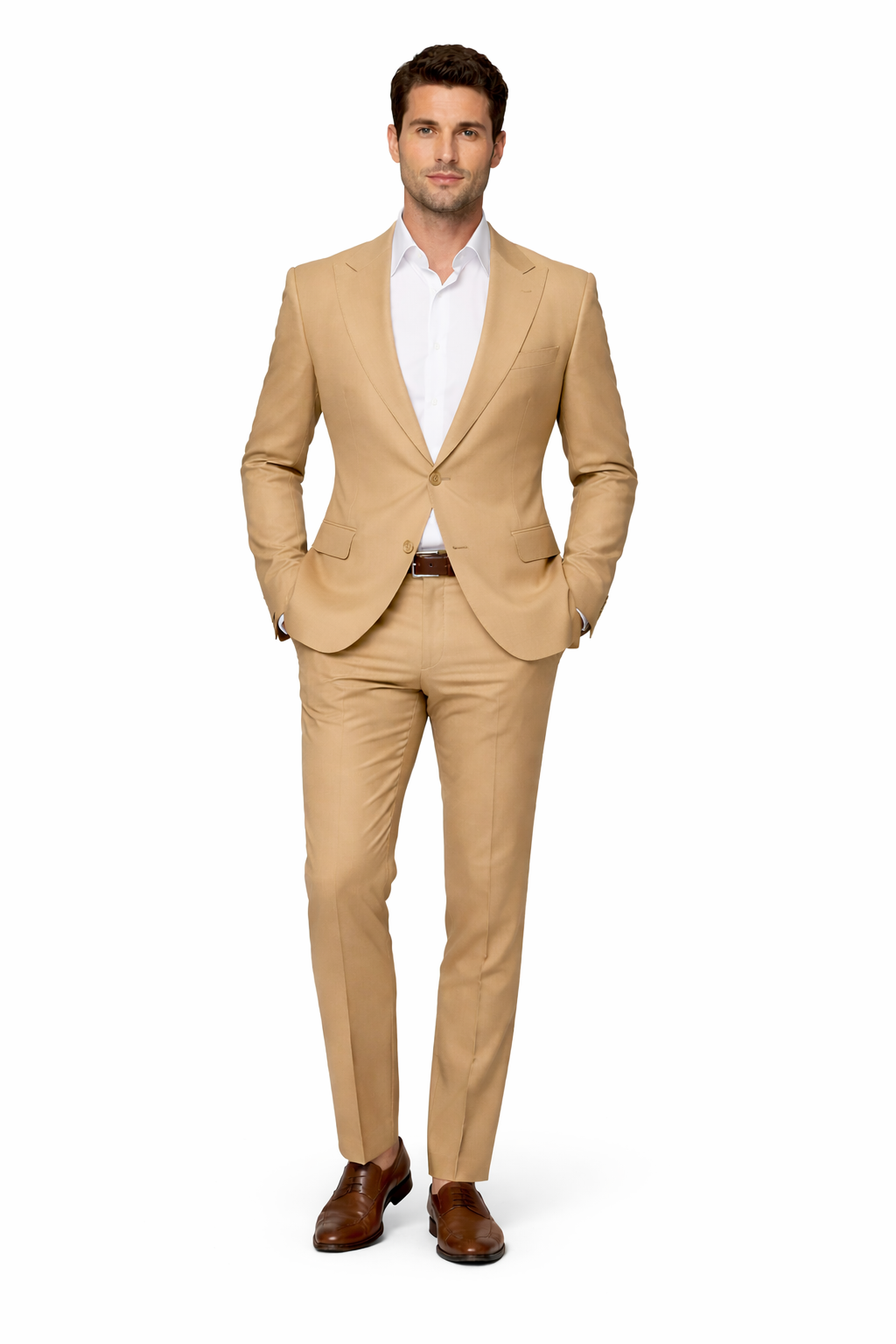 Rossiman Tan Seersucker Peak Lapel Summer Suit