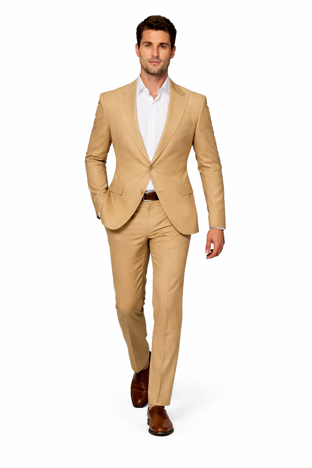 Rossiman Tan Seersucker Peak Lapel Summer Suit