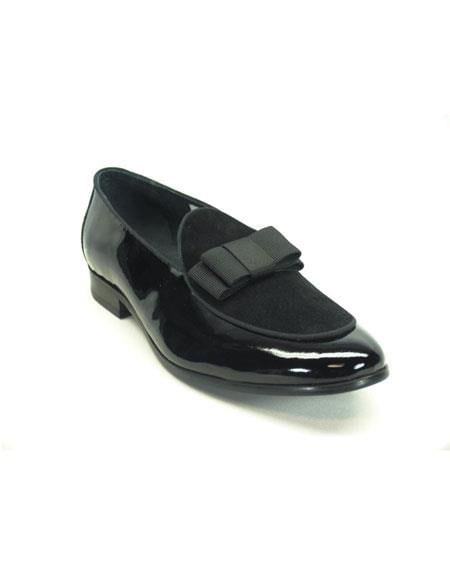 Men's Carrucci Shiny Slip On Formal Black Dress Shoes With Bow