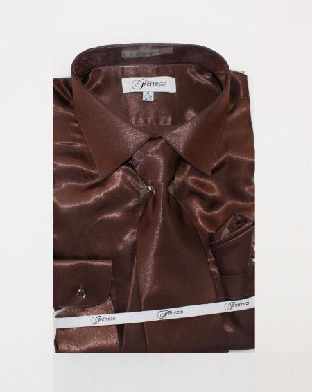 Affordable Clearance Cheap Mens Dress Shirt Sale Online Trendy - FerSH1 Men's Shiny Luxurious Shirt Dark Brown