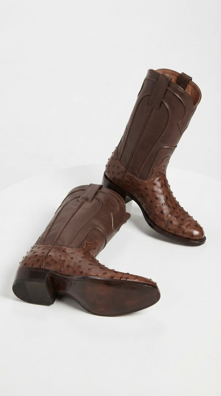 Los Altos Men’s Brown Ostrich Roper Western Boots, Exotic Cowboy Dress Boots